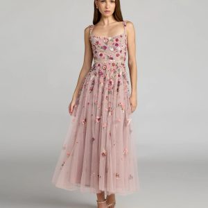 Rose Pink Floral Hand Embellished Scoop Neck Midi Dress