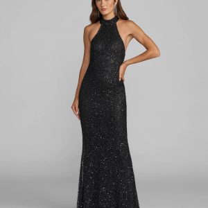 Black Embellished Halter Neck Open Back Column Gown