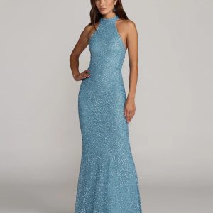 Blue Embellished Halter Neck Open Back Column Gown