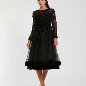Black Velvet Embellished Illusion Long Sleeve A-Line Midi Dress