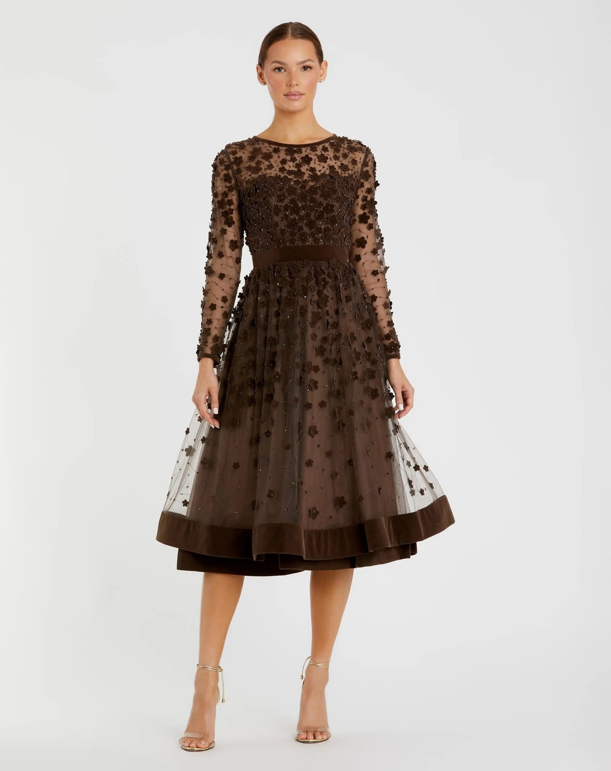 Brown Velvet Embellished Illusion Long Sleeve A-Line Midi Dress - Image 2