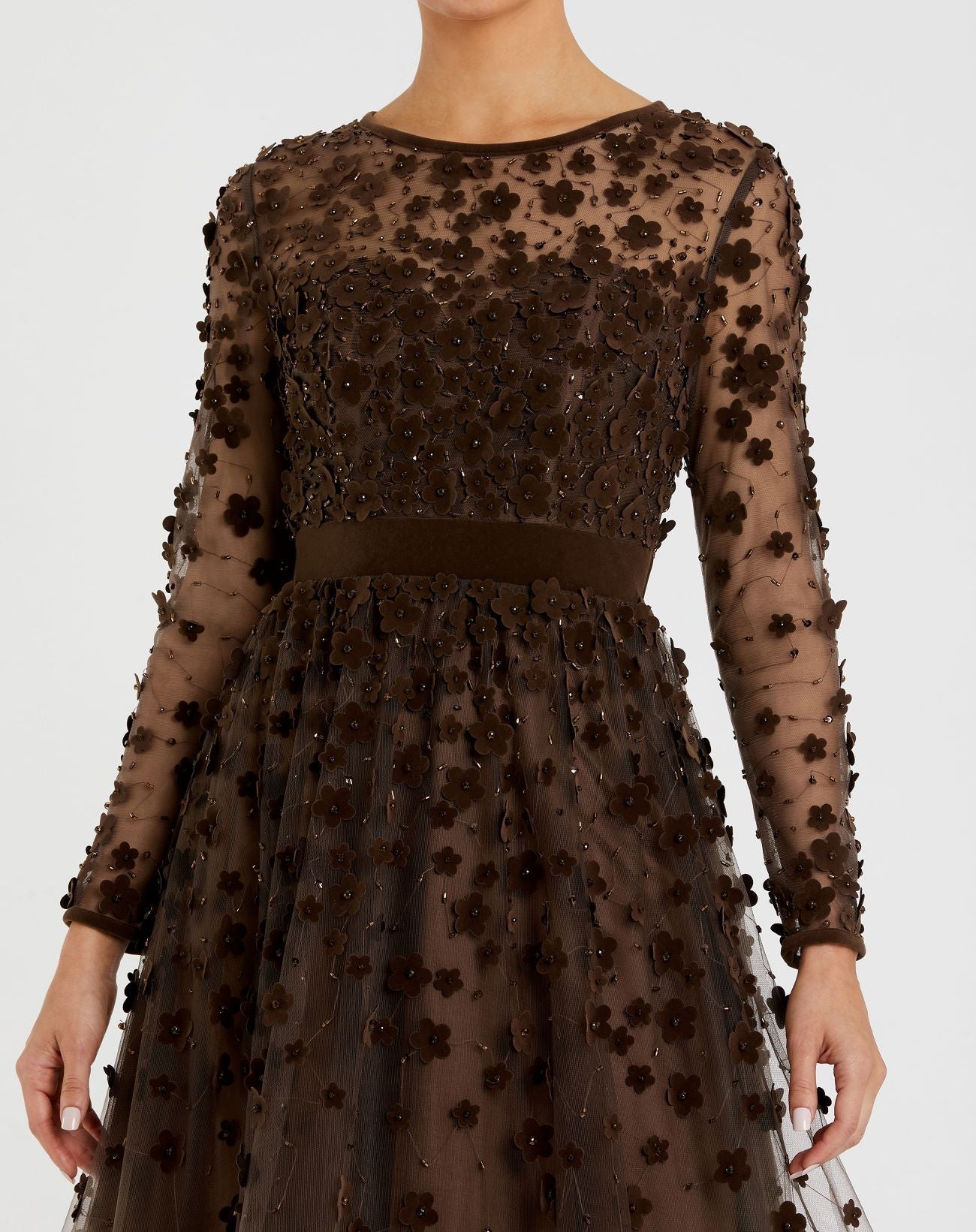 Brown Velvet Embellished Illusion Long Sleeve A-Line Midi Dress - Image 3