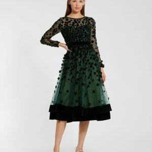 Green Velvet Embellished Illusion Long Sleeve A-Line Midi Dress
