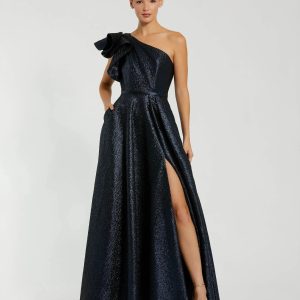 Navy One Shoulder Metallic Ball Gown