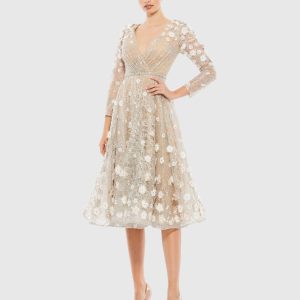 Beige Floral Embellished Lace A-Line Cocktail Dress