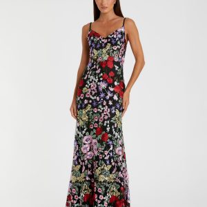 Black Embroidered Floral Trumpet Gown