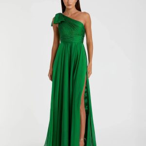 Green Sleeveless One Shoulder Pleated Gown