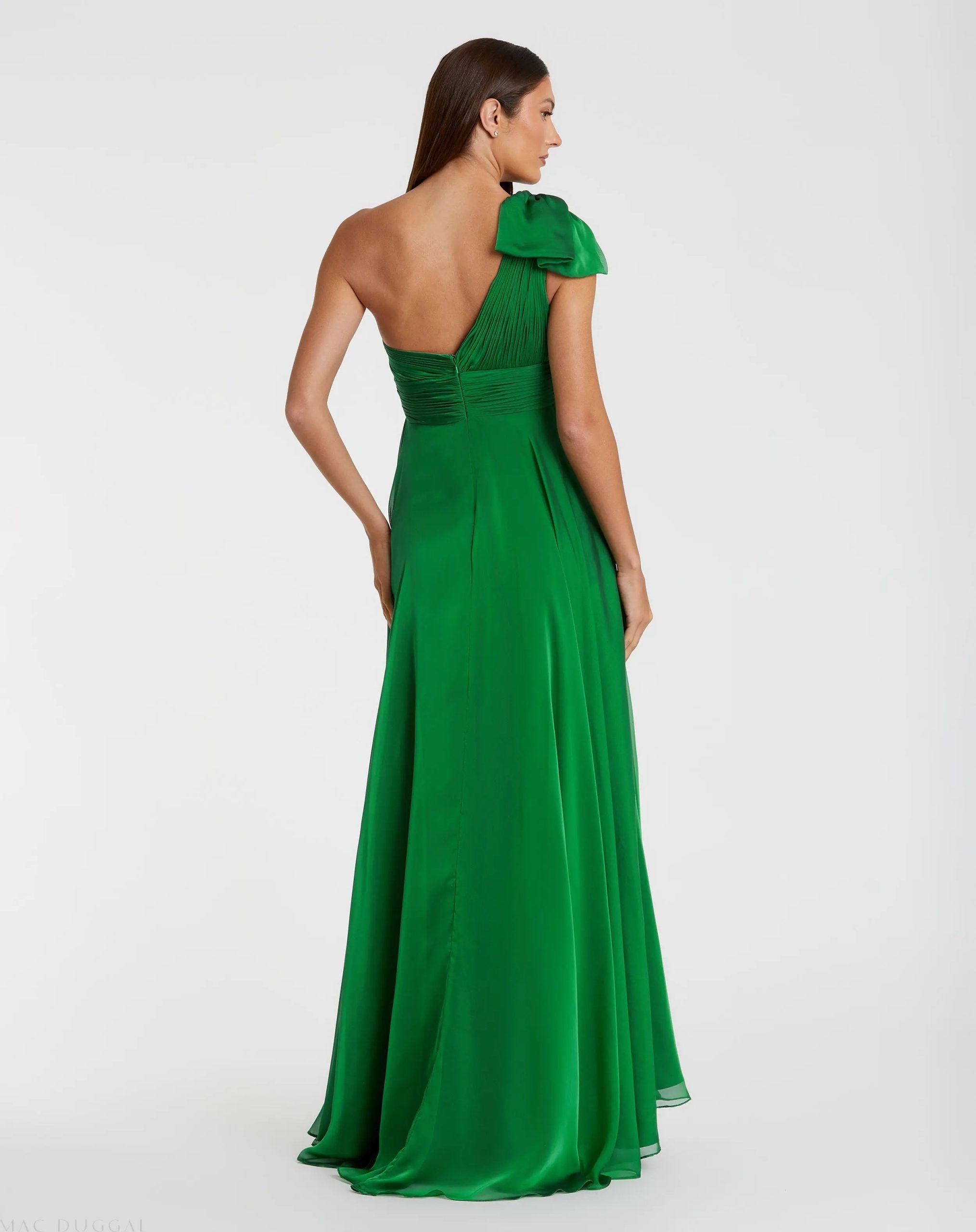 Green Sleeveless One Shoulder Pleated Gown - Image 3