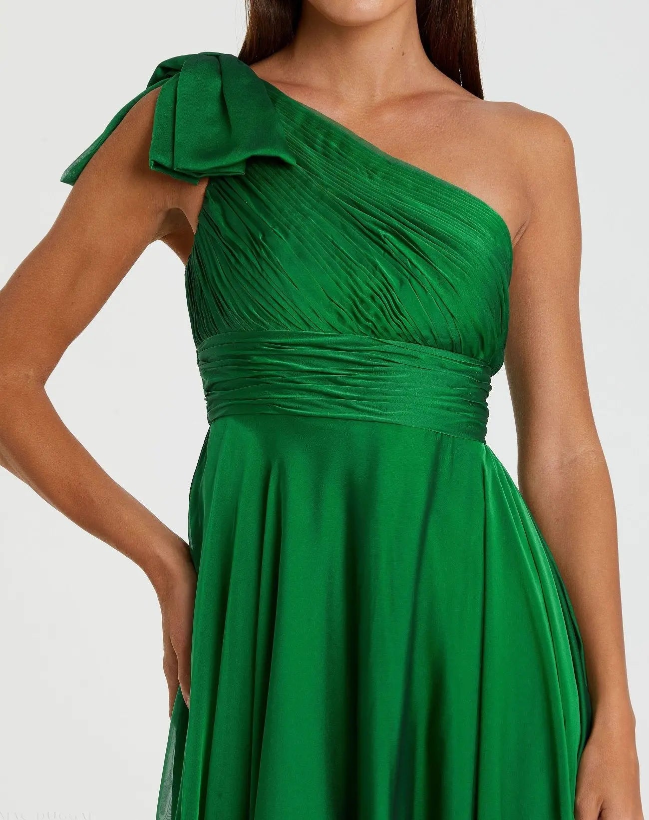 Green Sleeveless One Shoulder Pleated Gown - Image 2