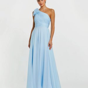 Blue One Shoulder Pleated Evening Gown with Bow