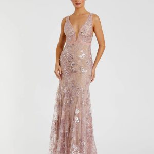 Pink Floral Embellished Sleeveless Plunge Neck Gown