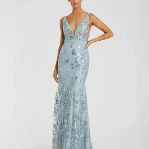 Blue Embellished Sleeveless Plunge Neck Gown