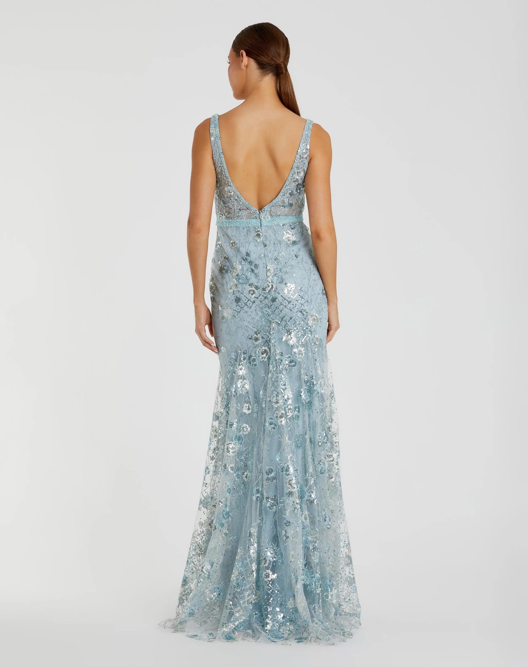 Blue Embellished Sleeveless Plunge Neck Gown - Image 3
