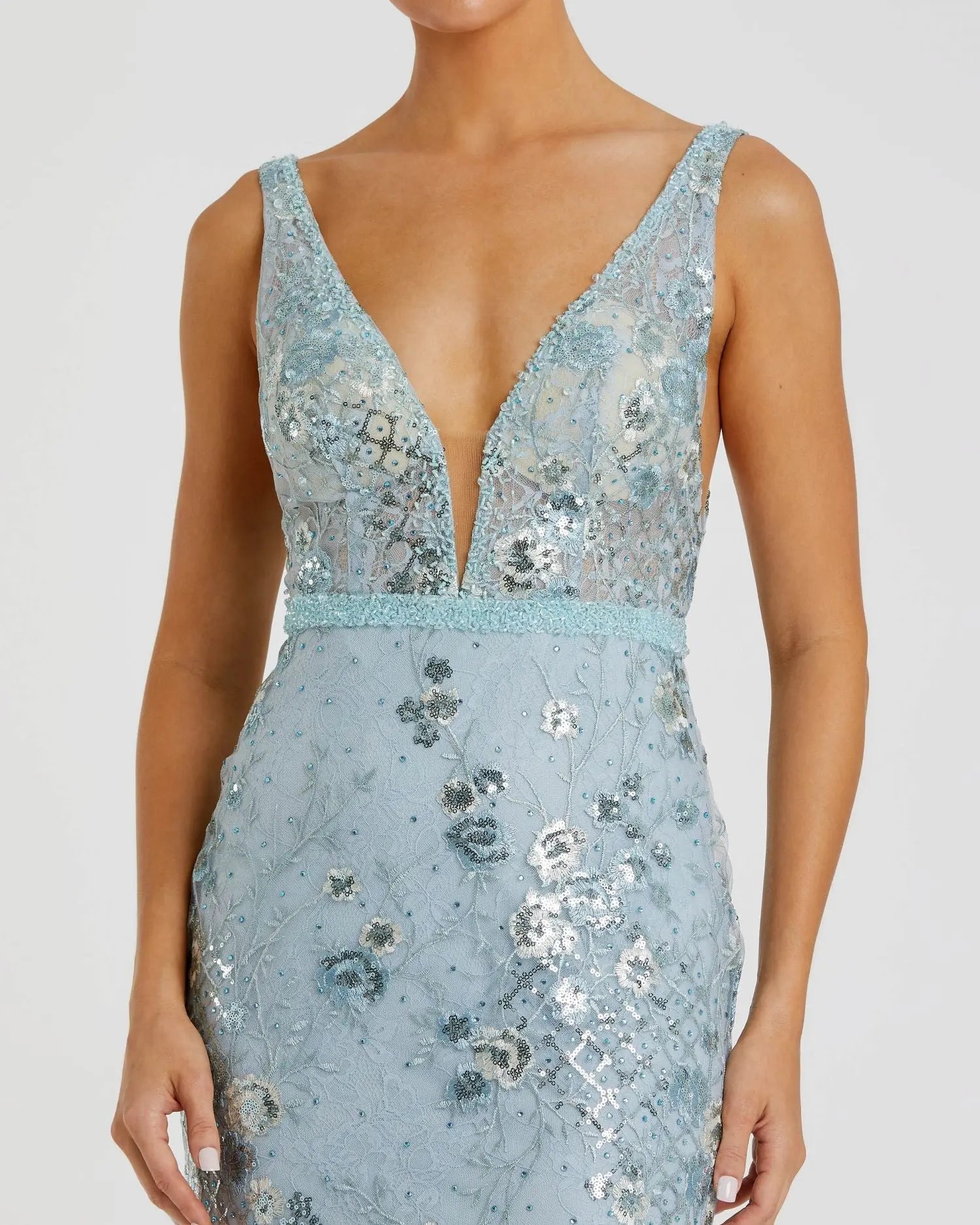 Blue Embellished Sleeveless Plunge Neck Gown - Image 2