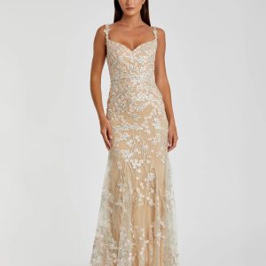 Beige Floral Embroidered Tulle Trumpet Gown - FINAL SALE