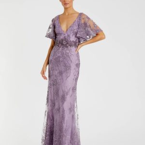Purple Embellished Flutter Sleeve Evening Gown