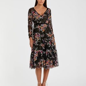 Black Floral Embroidered Tea Length Dress - FINAL SALE