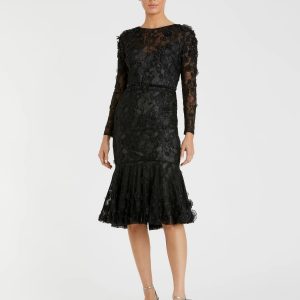 Black Floral Appliqué Long Sleeve Cocktail Dress