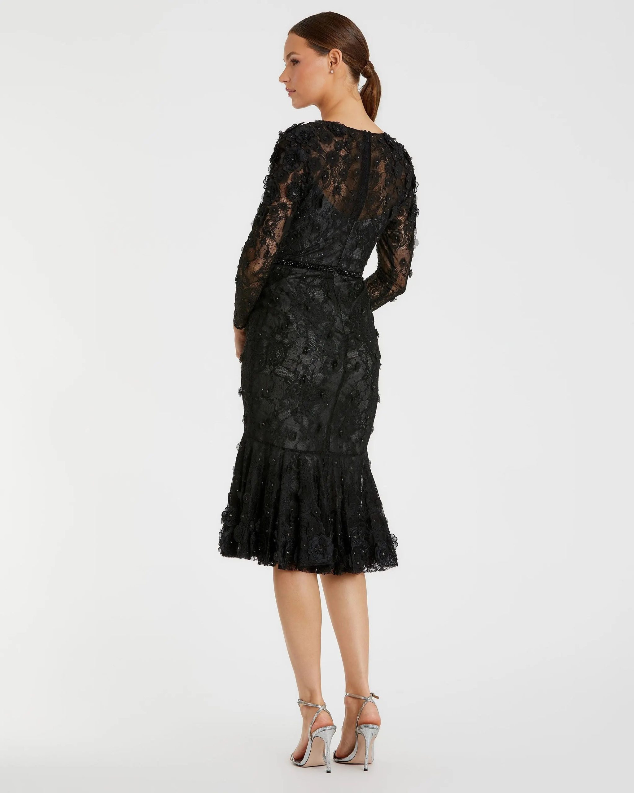 Black Floral Appliqué Long Sleeve Cocktail Dress - Image 3