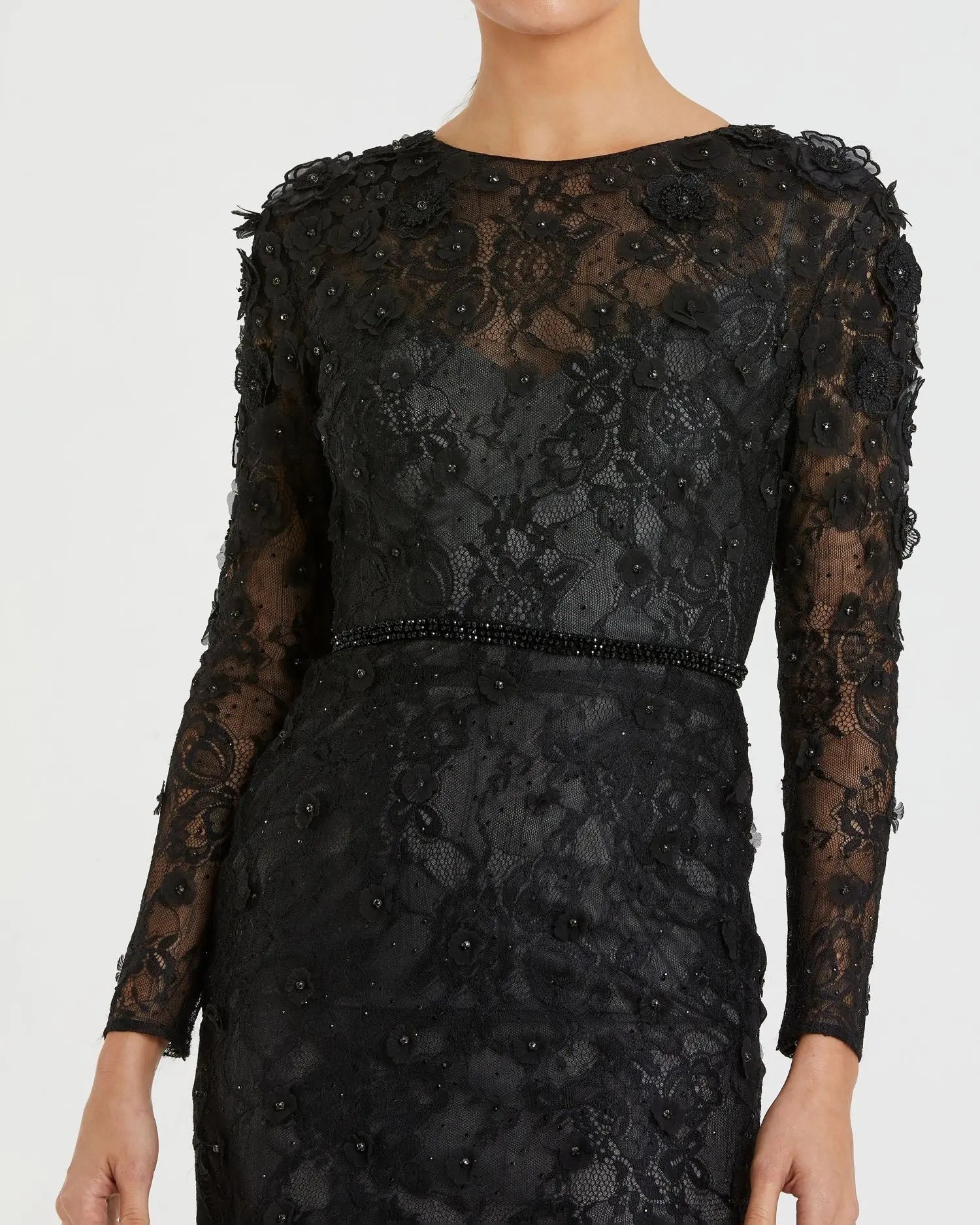Black Floral Appliqué Long Sleeve Cocktail Dress - Image 2