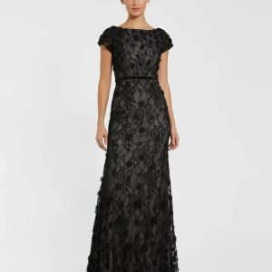 Black Floral Applique Boat Neck Cap Sleeve Gown