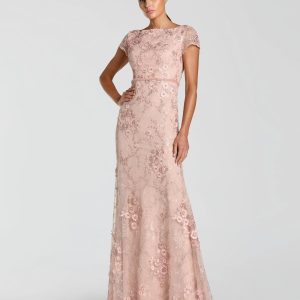 Pink Floral Applique Boat Neck Cap Sleeve Gown