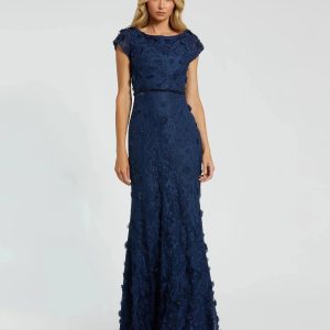 Navy Floral Applique Boat Neck Cap Sleeve Gown