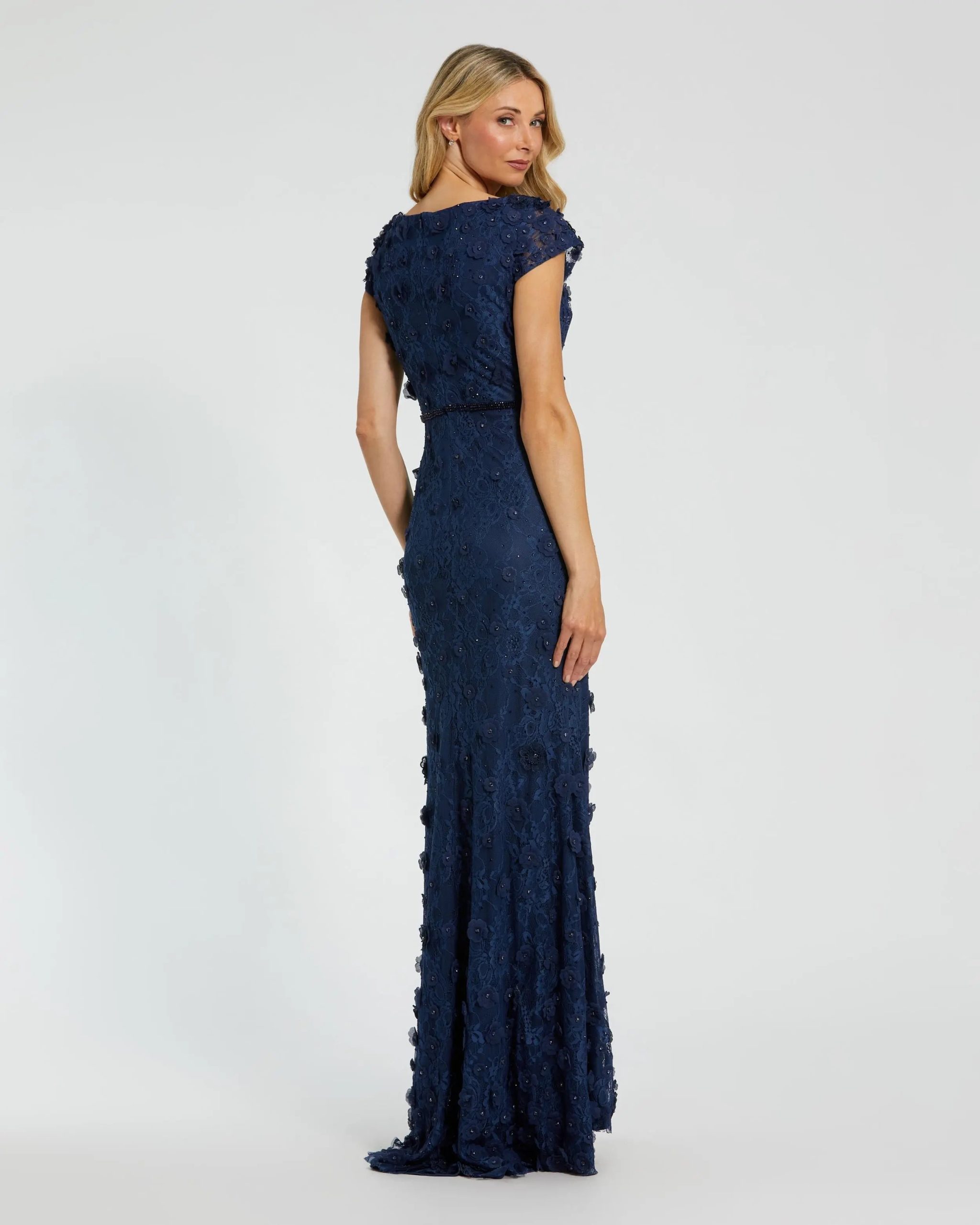 Navy Floral Applique Boat Neck Cap Sleeve Gown - Image 3
