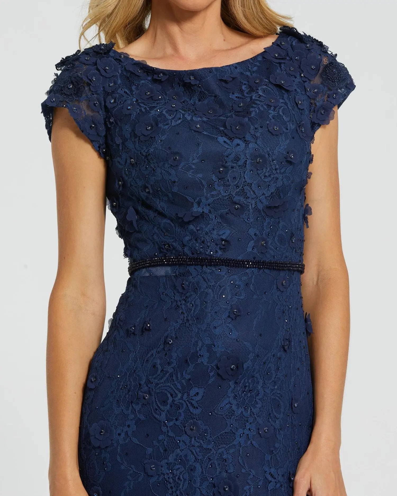 Navy Floral Applique Boat Neck Cap Sleeve Gown - Image 2