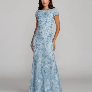 Blue Floral Applique Boat Neck Cap Sleeve Gown