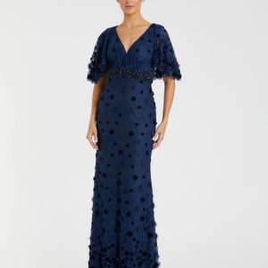 Navy Flutter Sleeve Embellished Lace Gown