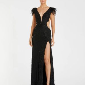 Black Feather Cap Sleeve Lace Gown