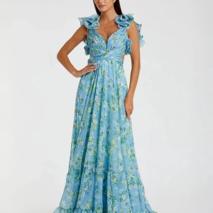 Blue Ruffle Tiered Floral Cut-Out Chiffon Gown
