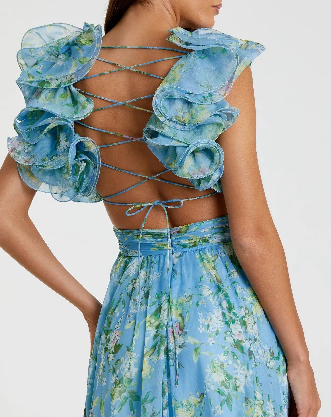 Blue Ruffle Tiered Floral Cut-Out Chiffon Gown - Image 2