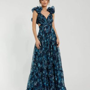 Navy Tiered Floral Cut-Out Chiffon Gown