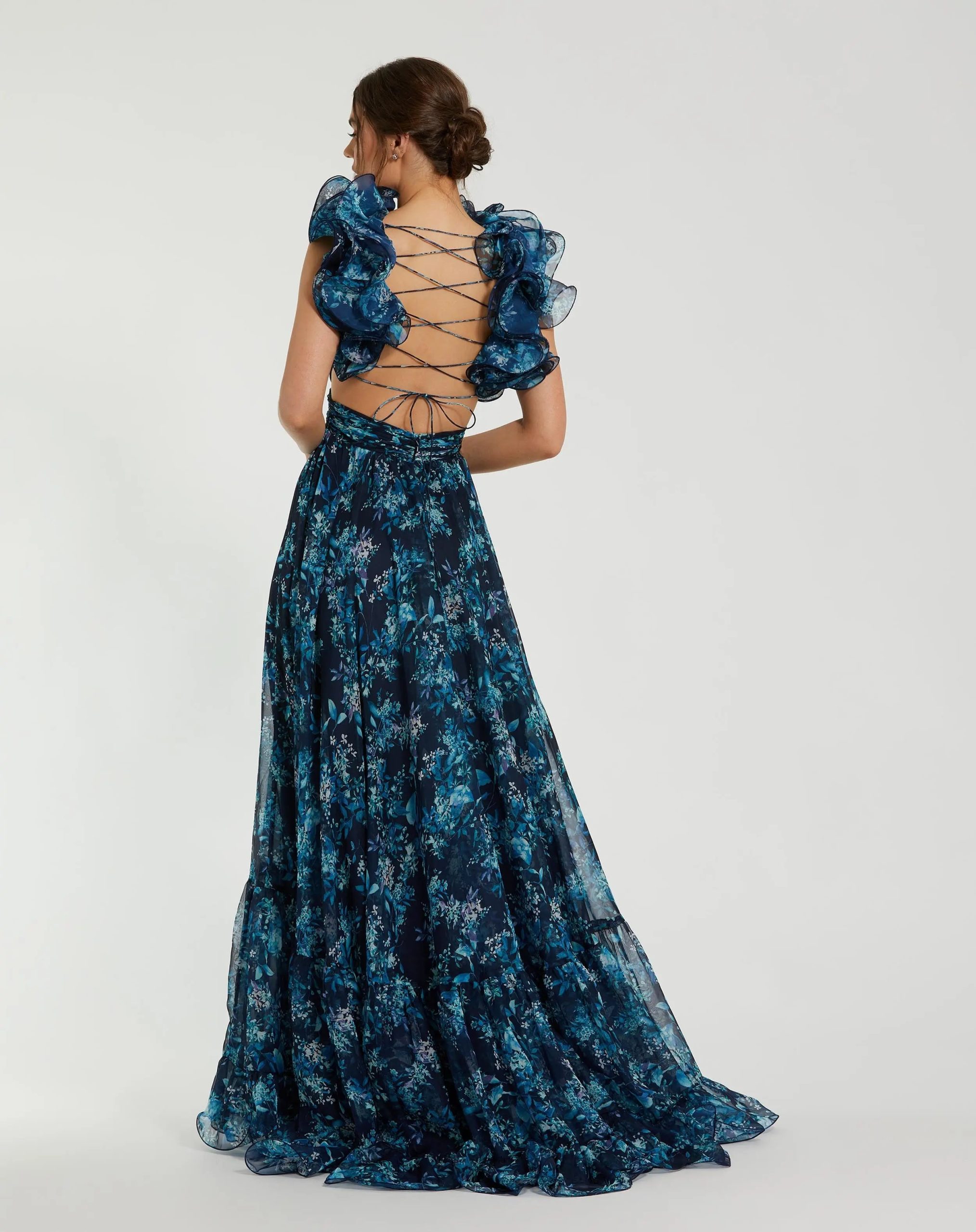 Navy Tiered Floral Cut-Out Chiffon Gown - Image 2