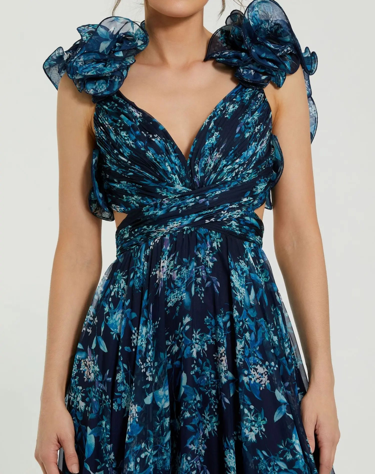 Navy Tiered Floral Cut-Out Chiffon Gown - Image 3