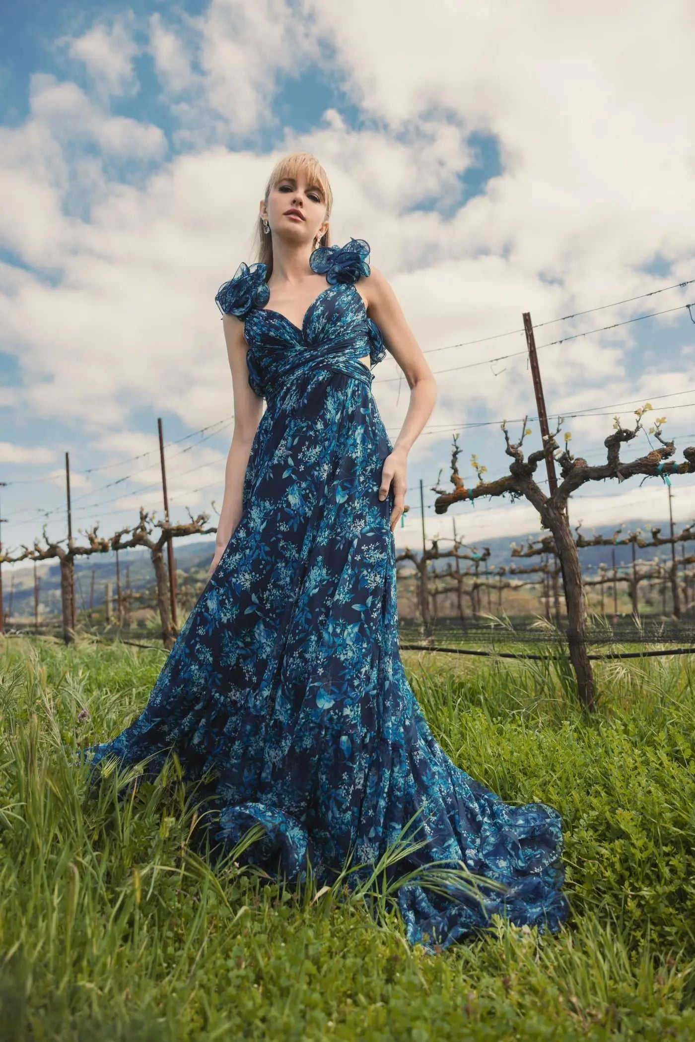 Navy Tiered Floral Cut-Out Chiffon Gown - Image 4