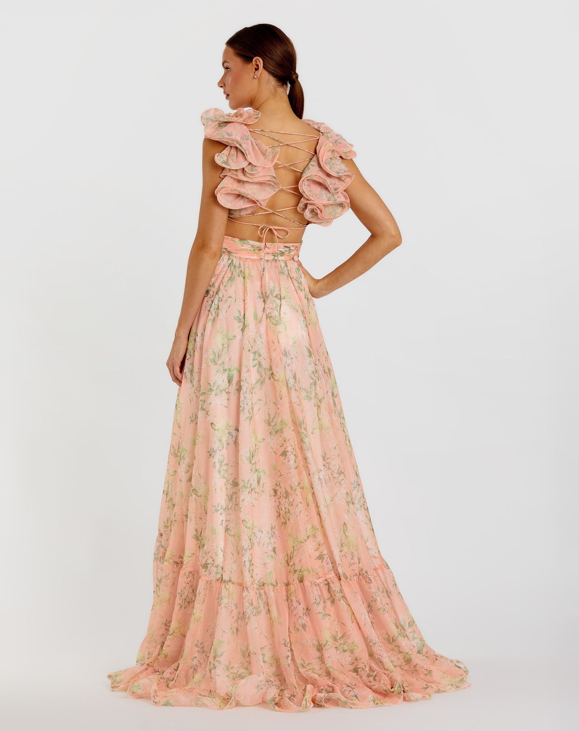 Pink Ruffle Tiered Floral Cut-Out Chiffon Gown - Image 2