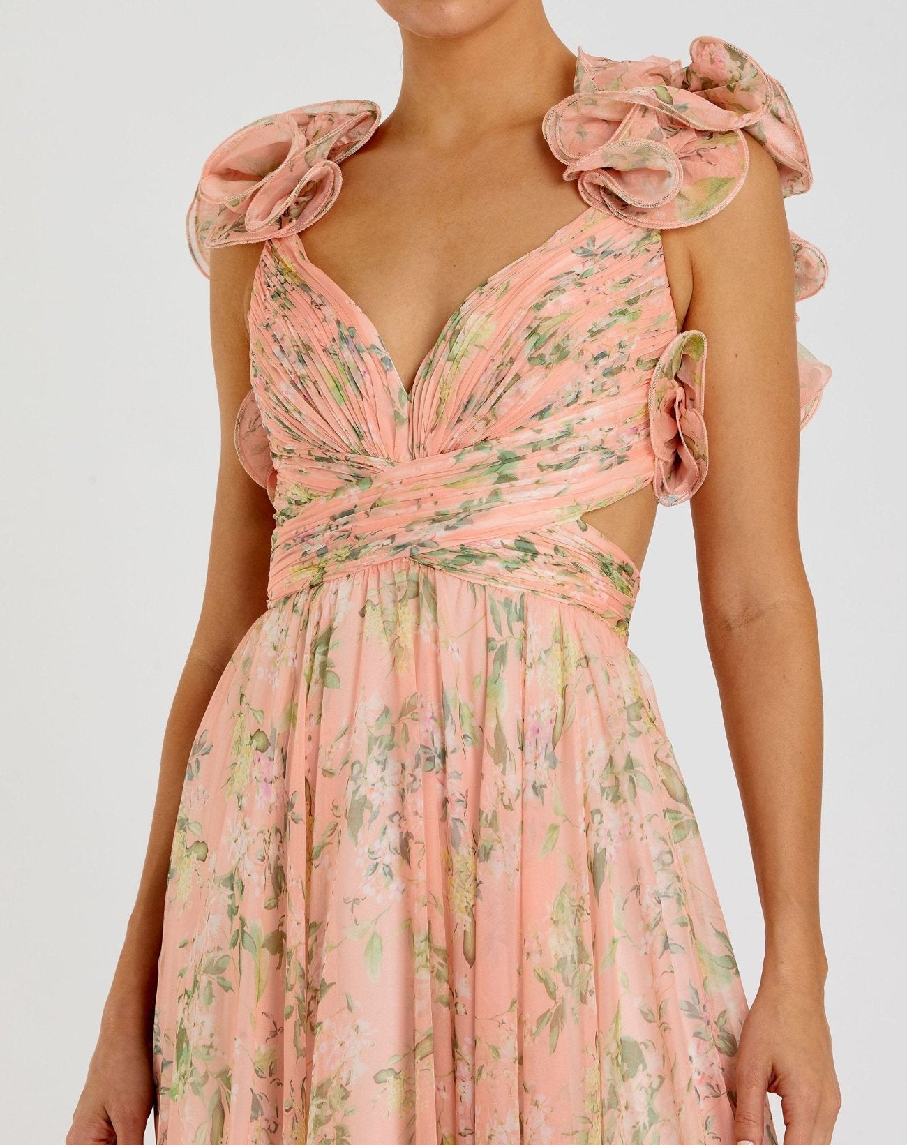 Pink Ruffle Tiered Floral Cut-Out Chiffon Gown - Image 3