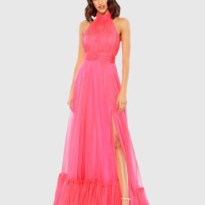 Pink High Neck Tiered Chiffon Halter Gown