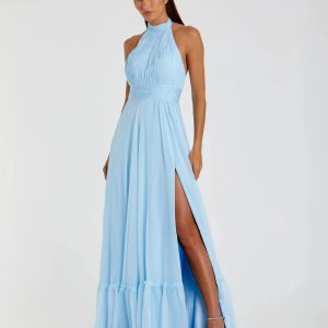 Blue High Neck Tiered Chiffon Halter Gown