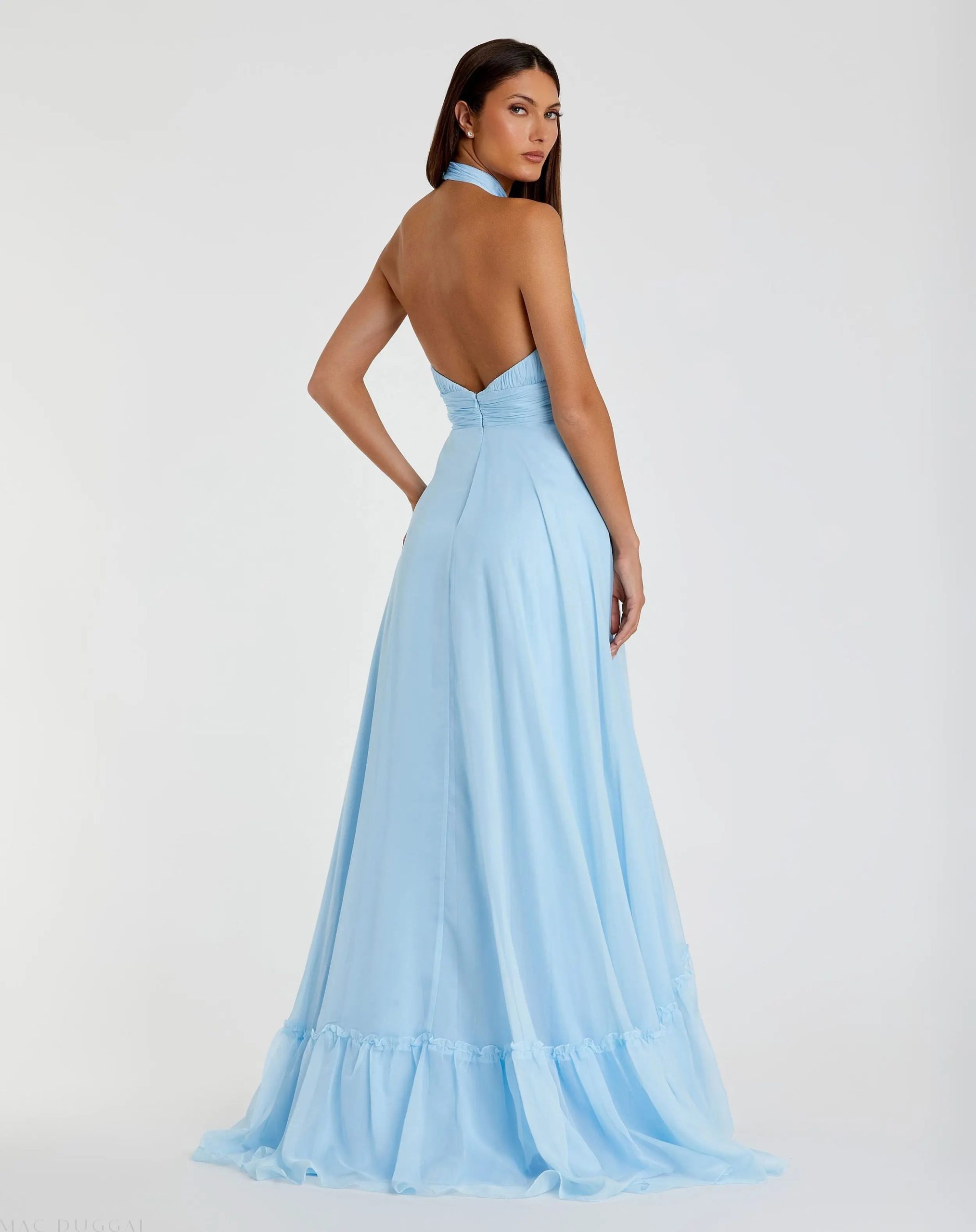 Blue High Neck Tiered Chiffon Halter Gown - Image 3