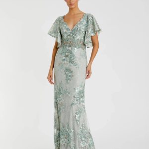 Green Bell Sleeve Floral Embellished Gown