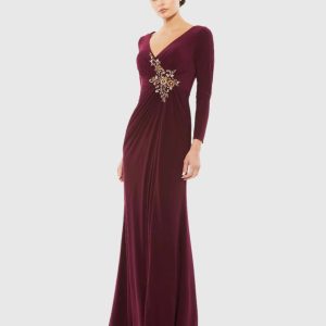 Red Faux Wrap Long Sleeve Evening Gown with Appliqué Detail