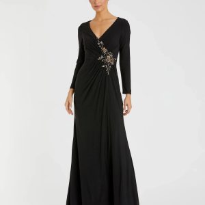 Black Faux Wrap Long Sleeve Evening Gown with Appliqué Detail