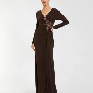 Brown Faux Wrap Long Sleeve Evening Gown with Appliqué Detail