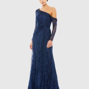 Navy Draped Jewel Encrusted Lace Drop Shoulder Gown