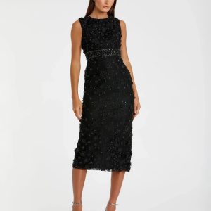 Black Floral Applique Sleeveless Midi Dress