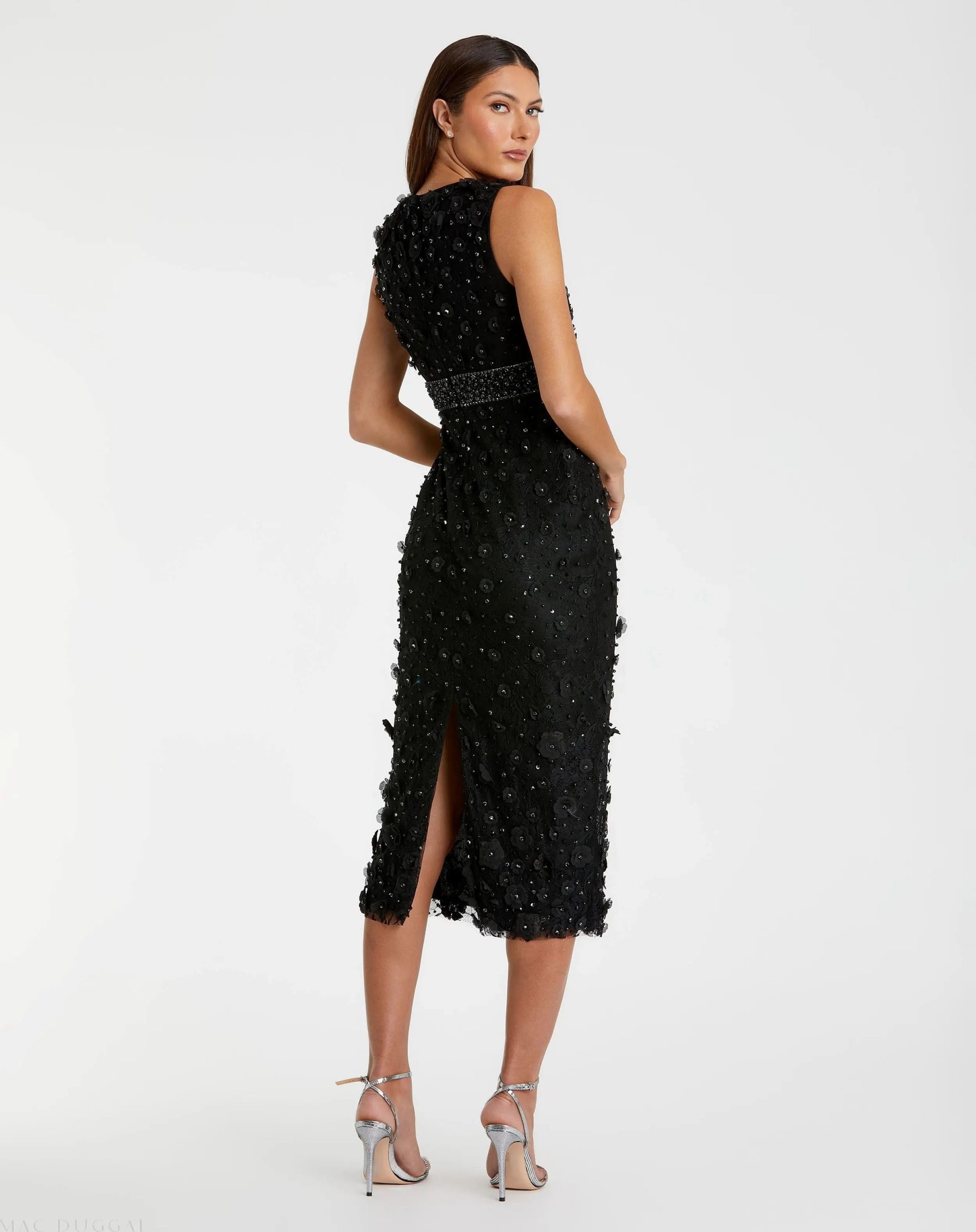 Black Floral Applique Sleeveless Midi Dress - Image 3